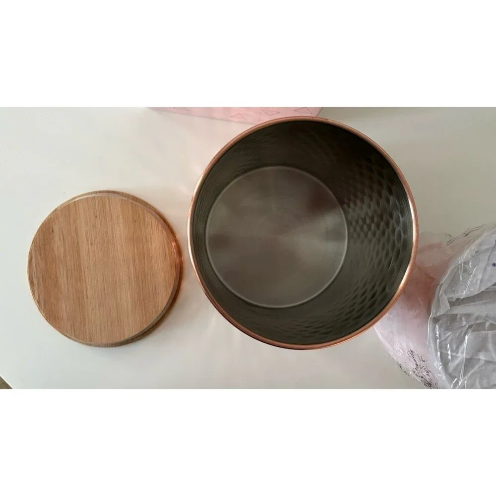 UNCOMMON JAMES Hammered Copper Plated Canister Set w/Wood Lids 45oz & 25oz NEW!